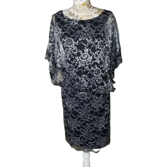 Black Sheer Metallic Silver Sparkle Floral Lace Little Black Dress - Picture 9 of 12